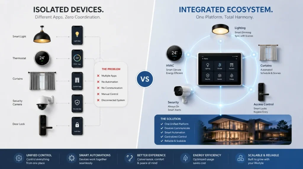 A side-by-side comparison explaining What Qualifies as a Smart Home versus a basic connected house.
