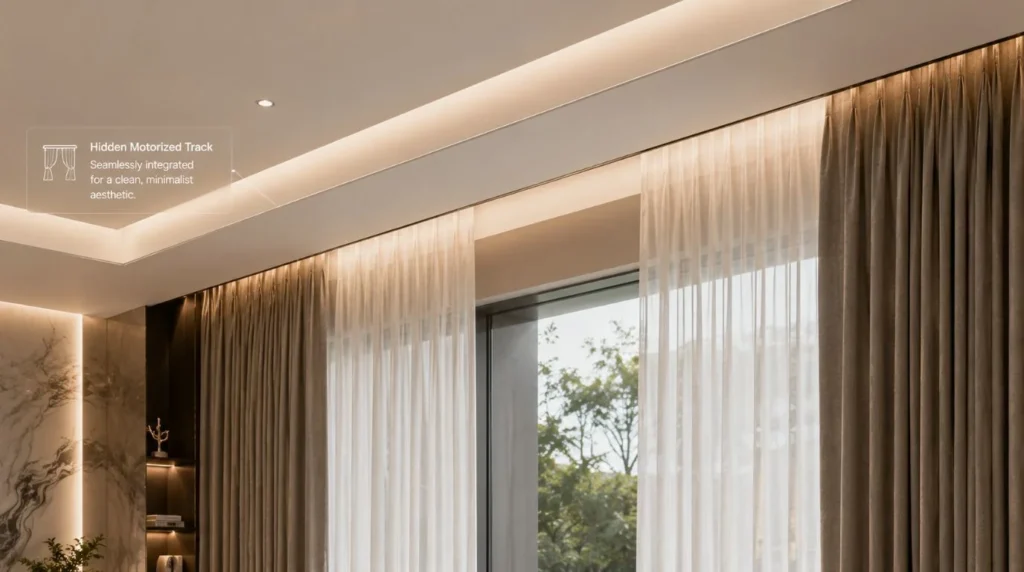 Double-height architectural living room glass window proving why Are Motorized Curtains Worth the Investment.