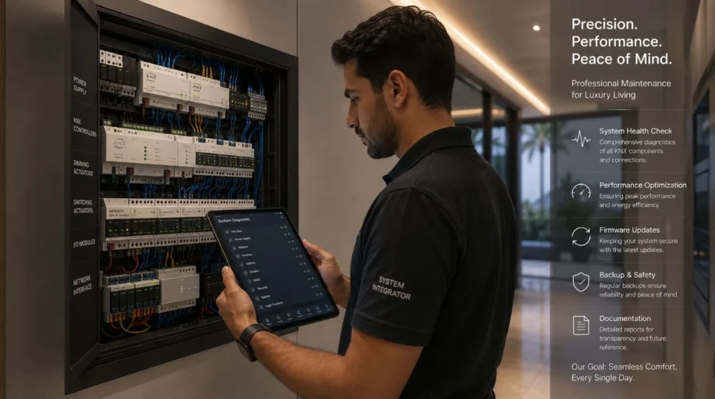 Professional technician inspecting a KNX automation panel where Smart Home Systems Need Updates.