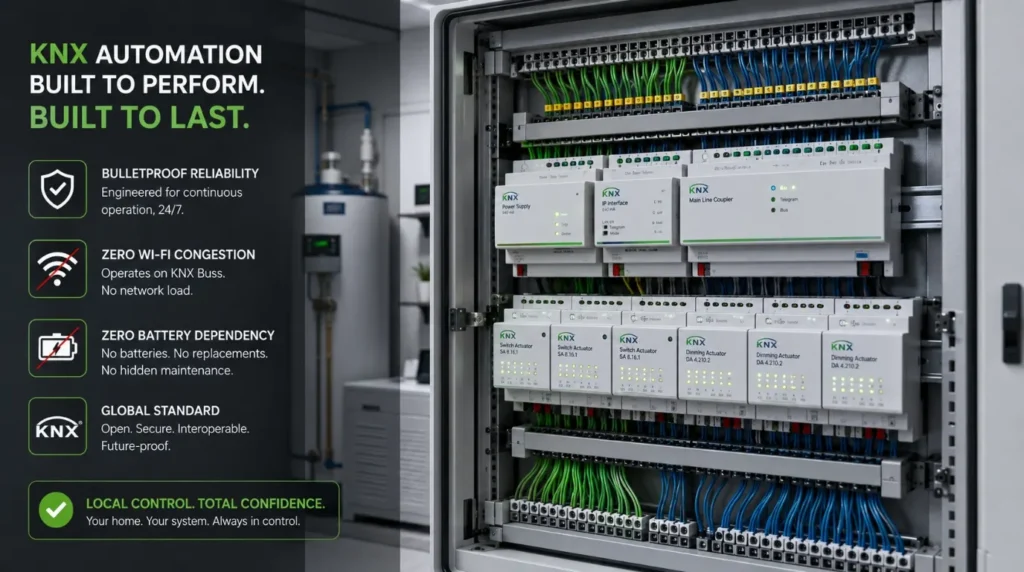A professionally wired KNX automation enclosure offering a solution to the Main Problems With Smart Home Systems.