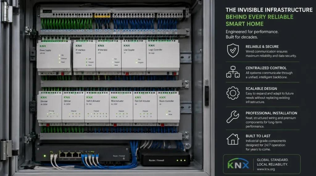 A central wired KNX control panel showing the backbone of What Qualifies as a Smart Home in luxury construction.