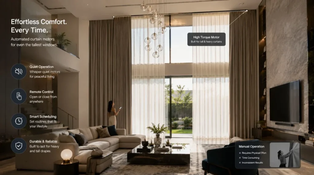 Double-height architectural living room glass window proving why Are Motorized Curtains Worth the Investment.