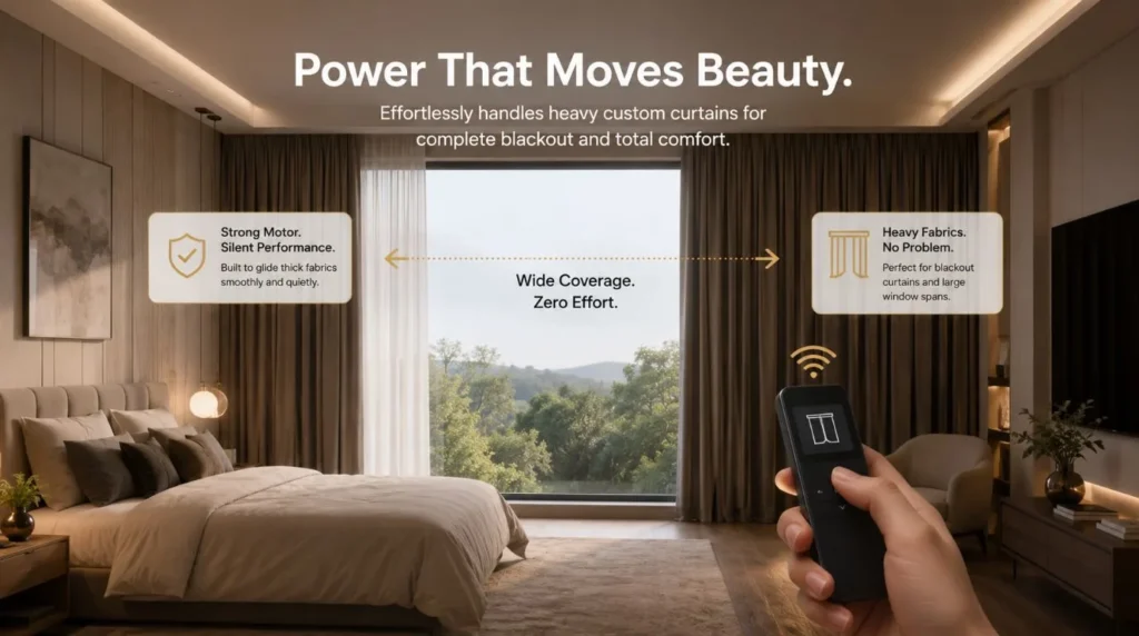 Heavy fabric drapes on tall bedroom glass windows showing the power of the Best Motorized Curtains for Bedrooms.