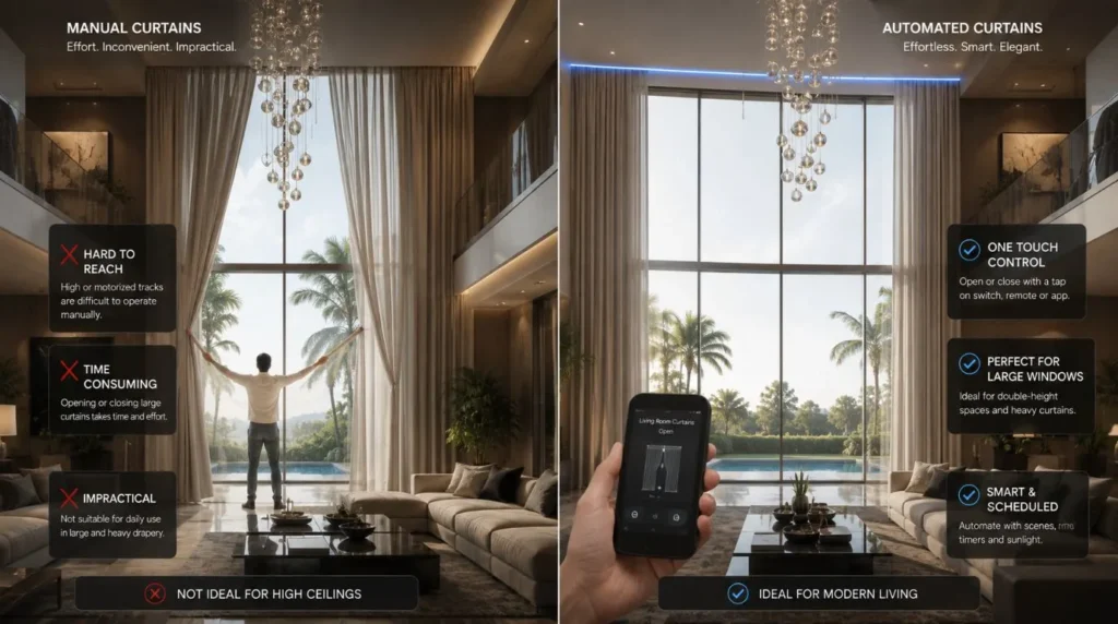 A luxury double-height villa living space featuring automated tracks in a Motorized Curtains vs. Manual choice.
