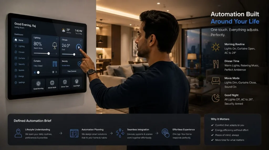 A homeowner reviewing automation requirements on a tablet following the Steps to Creating Your Smart Home.