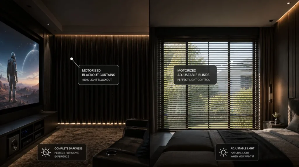A dedicated home theatre room with blackout drapes closing tightly to demonstrate light blocking in Motorized Curtains vs. Smart Blinds.