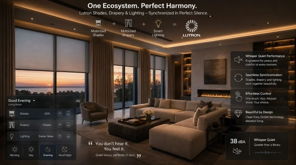 A modern living room showing Lutron shading integration and Quiet Motorized Curtains.