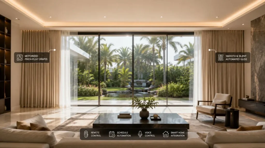 Automated floor-to-ceiling drapes gliding across a large glass facade showing the aesthetic of Motorized Curtains vs. Smart Blinds.