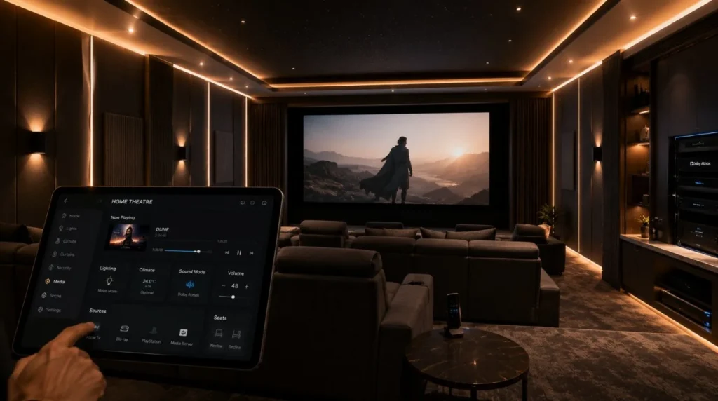 A integrated home theatre and smart lighting control setup adding value to Smart Home Installation Cost in India.