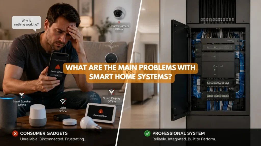 A homeowner looking at a smartphone displaying a connectivity error illustrating the Main Problems With Smart Home Systems