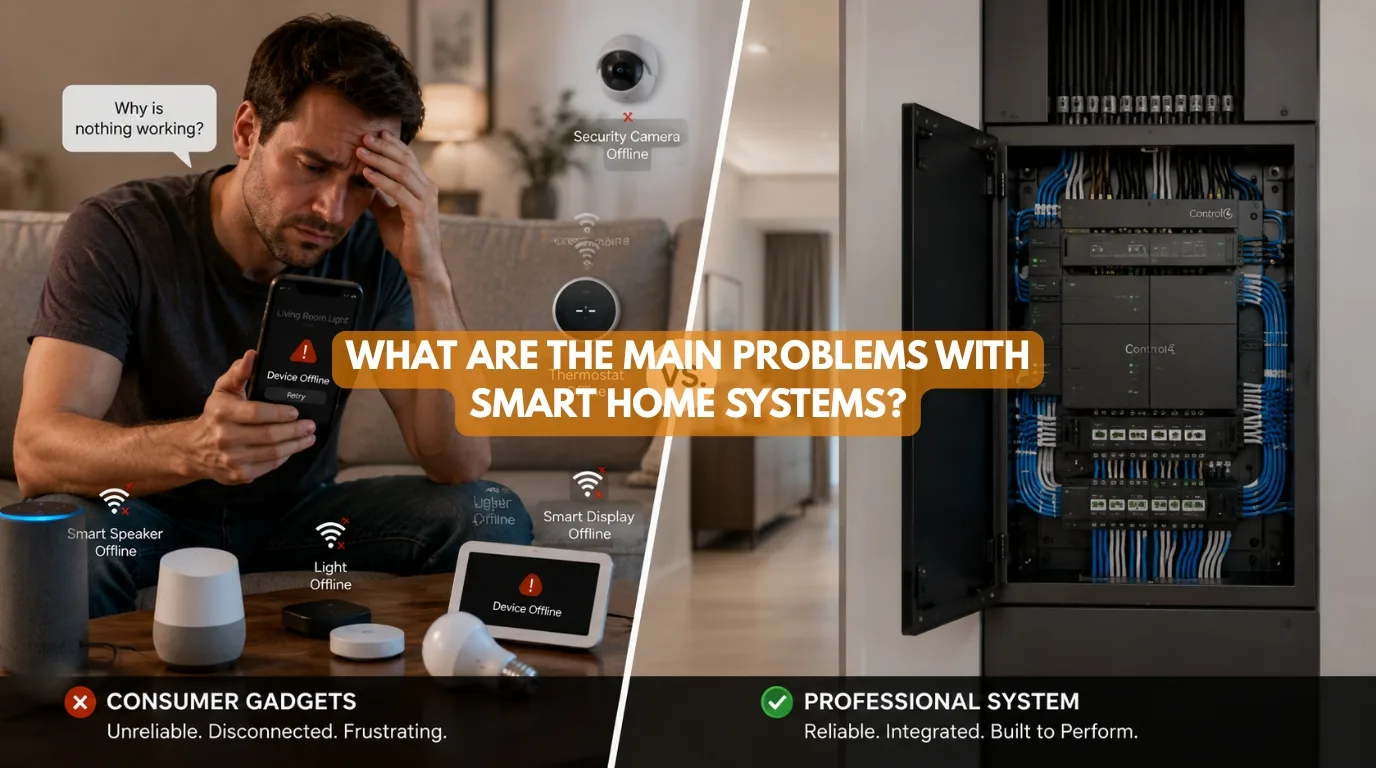 A homeowner looking at a smartphone displaying a connectivity error illustrating the Main Problems With Smart Home Systems