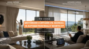 Modern living room comparison showing Motorized Curtains vs. Manual drapery over large floor-to-ceiling glass windows
