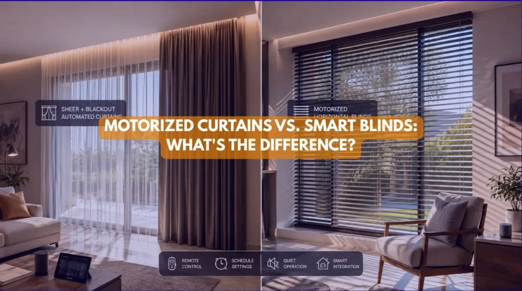 A luxury living room comparing floor-to-ceiling drapes and sleek window shades side by side to illustrate Motorized Curtains vs. Smart Blinds