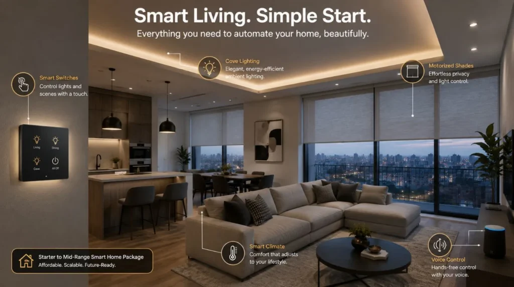 A modern apartment living room with automated lighting illustrating the Average Price of a Smart Home Installation.