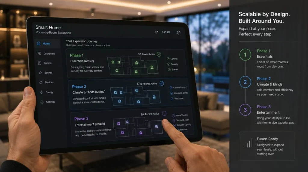 A tablet dashboard demonstrating phased multi-room control in a modern Smart Home Automation Setup.