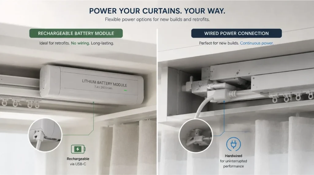 Side-by-side view of wired vs battery power mechanisms used to Make Old Curtains Smart and Motorized.