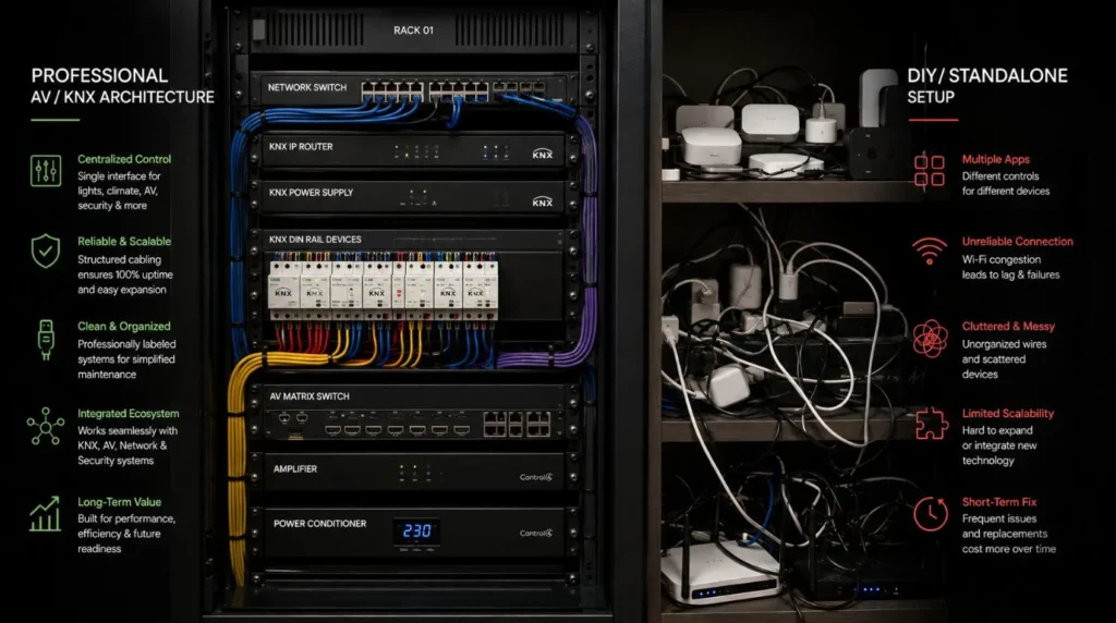 A neatly organized central automation rack showing why homeowners Hire Someone to Install a Smart Home System instead of DIY.