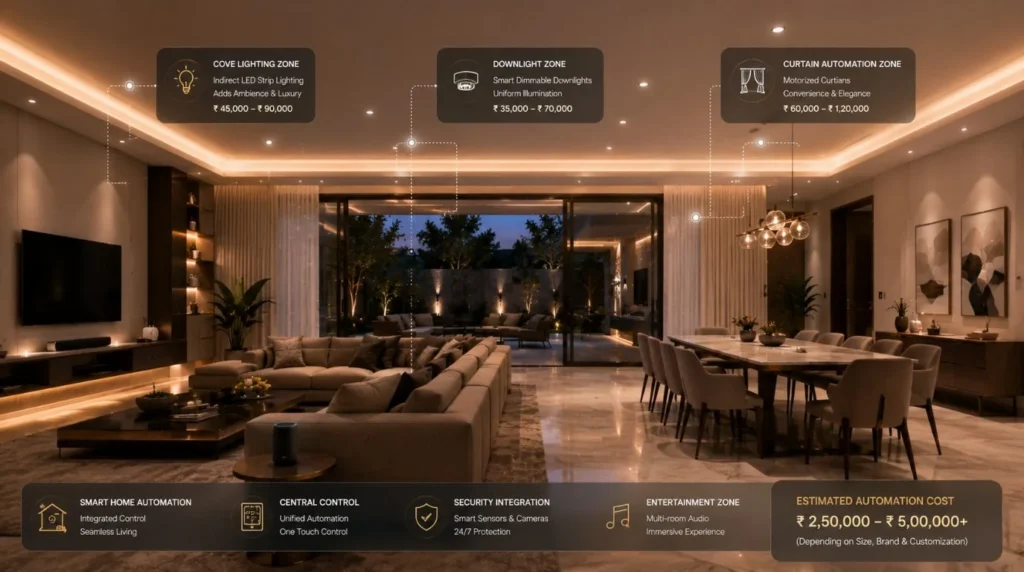 An open plan luxury residence showcasing interconnected lighting and motorized drapes factored into Smart Home Installation Cost in India.