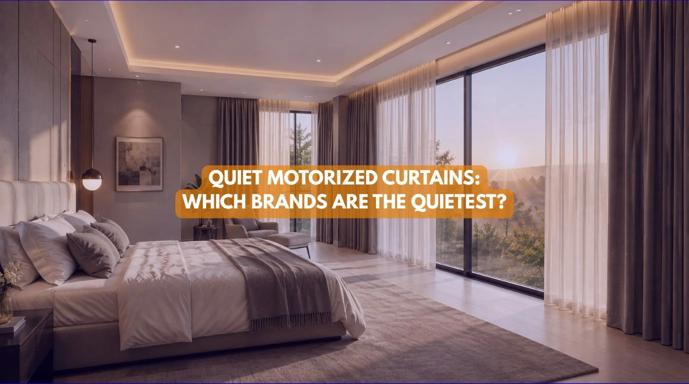 Luxury bedroom featuring Quiet Motorized Curtains smoothly opening over large glass windows