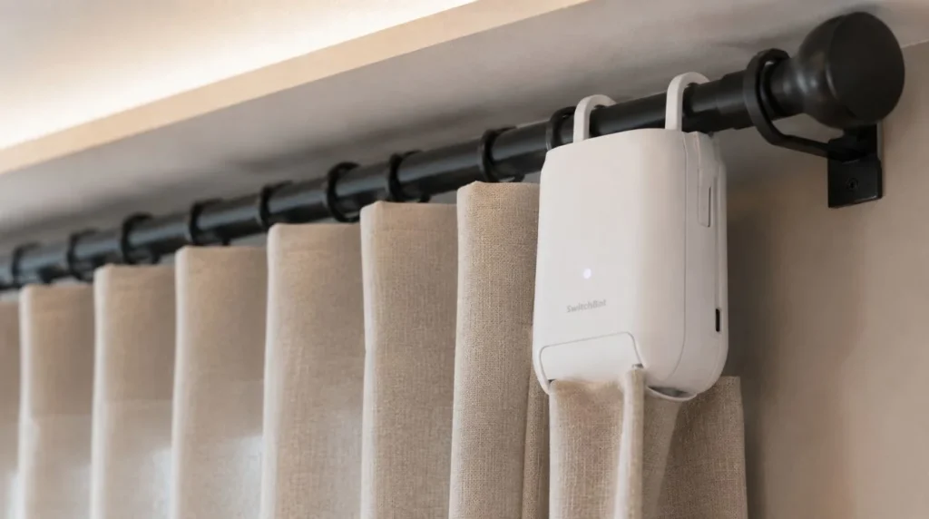 A compact retrofit motor attached to an existing curtain rod to Make Old Curtains Smart and Motorized.