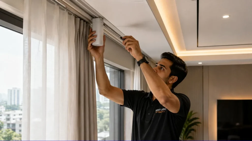 A professional installer evaluating track alignment to Add Motors to Existing Curtains.