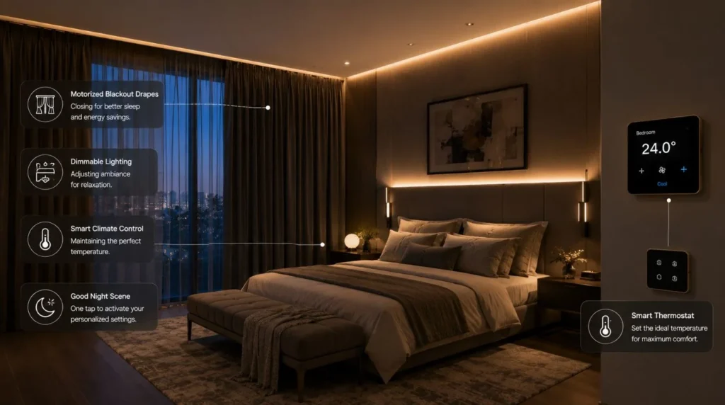 A master bedroom with automated blackout shades and ambient lighting breaking down the Cost to Make Your Home Smart.