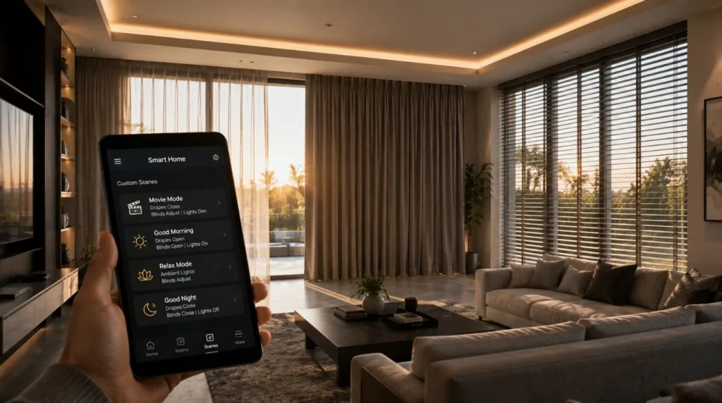 A tablet app interface displaying automation scenes for operating Motorized Curtains vs. Smart Blinds.