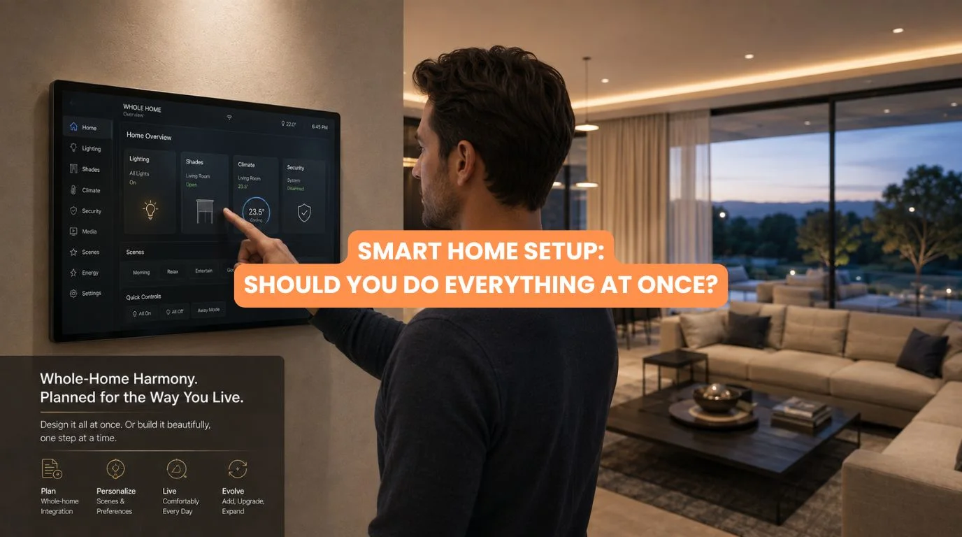 Modern luxury villa living room displaying a seamless Smart Home Automation Setup interface