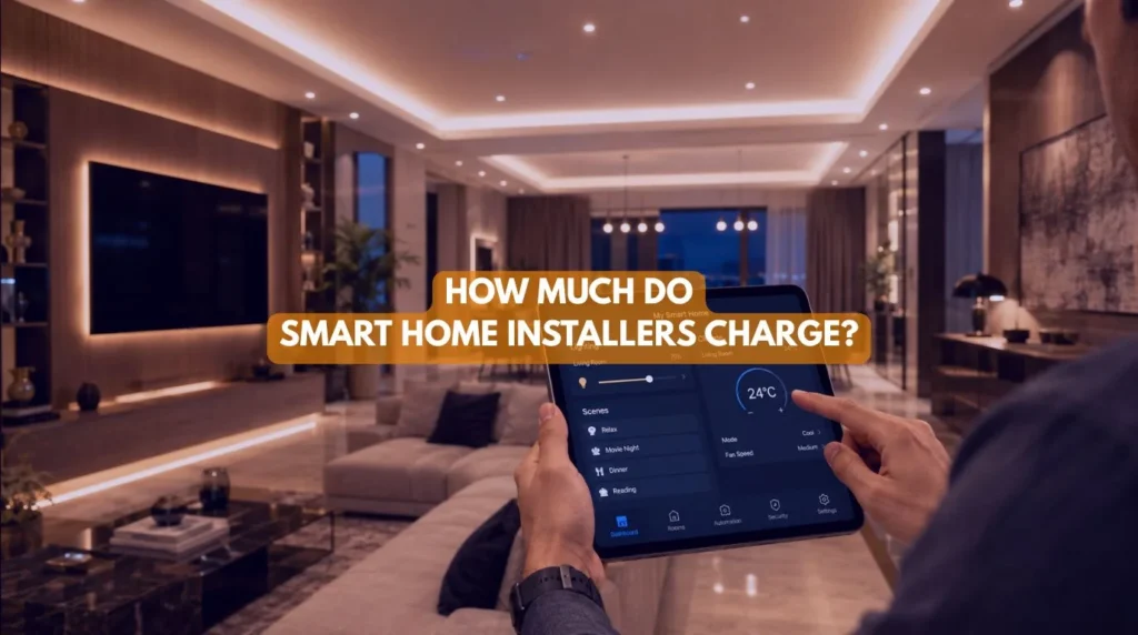 A resident holding a tablet dashboard showing automated lighting scenes with professional Smart Home Installers Charge metrics