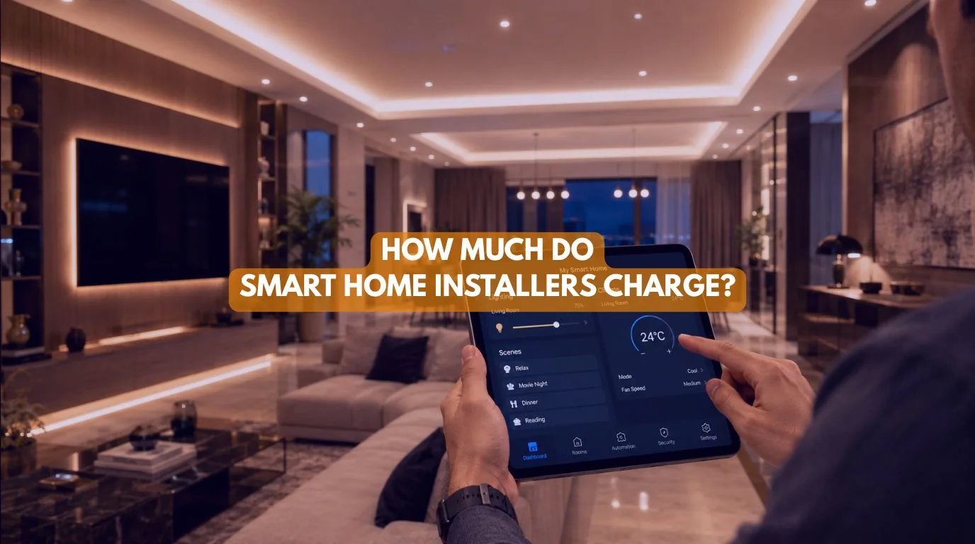 A resident holding a tablet dashboard showing automated lighting scenes with professional Smart Home Installers Charge metrics