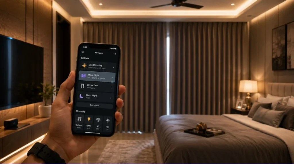 A smartphone interface controlling window drapes after choosing to Add Motors to Existing Curtains.
