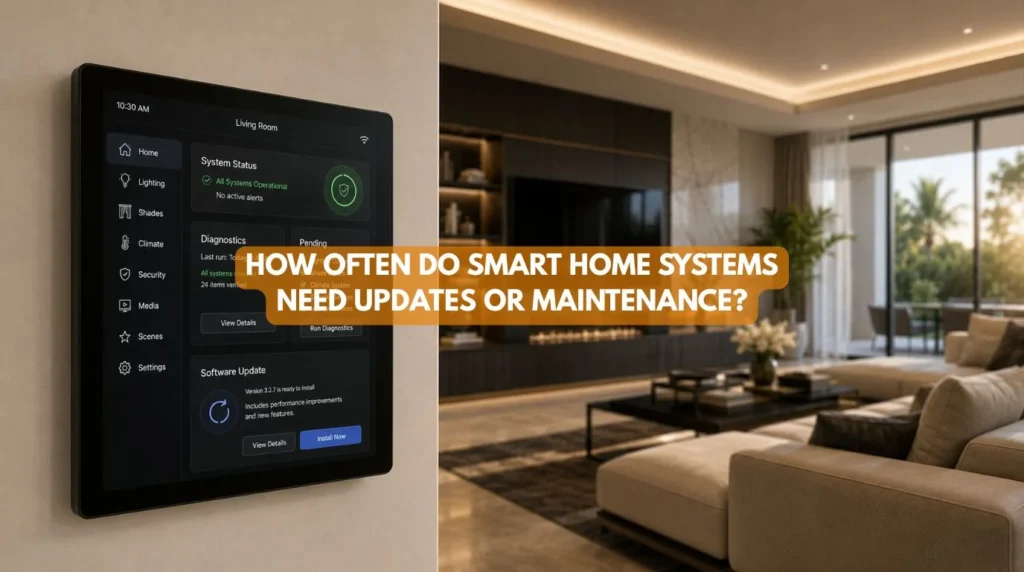 Modern smart home interior showing tablet interface displaying why Smart Home Systems Need Updates