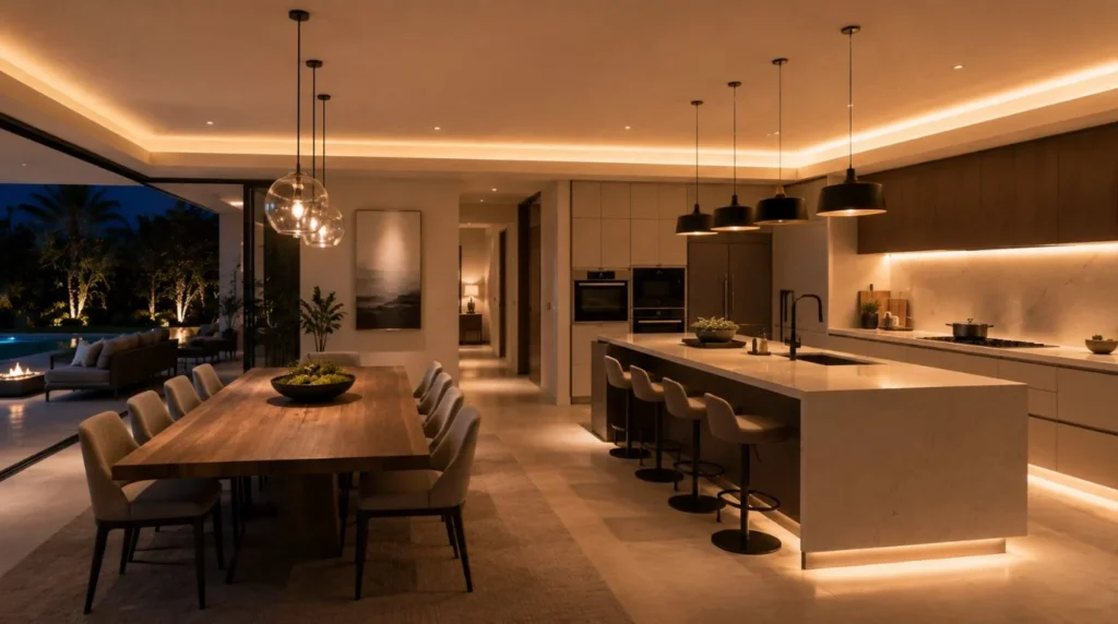 Architectural scene lighting in a luxury kitchen illustrating why Smart Home Features Add the Most Home Value.