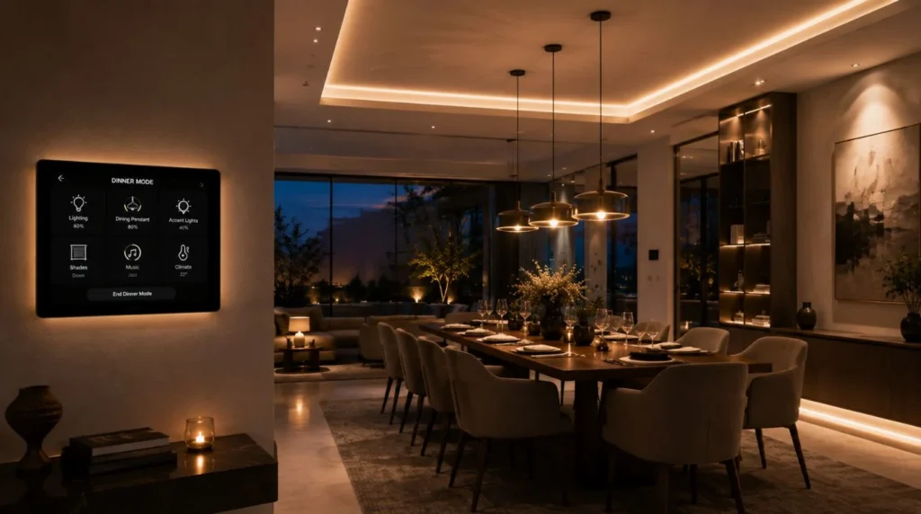 Dimmed architectural scene lighting in a modern dining room demonstrating What Should a Smart Home Include for lighting automation.