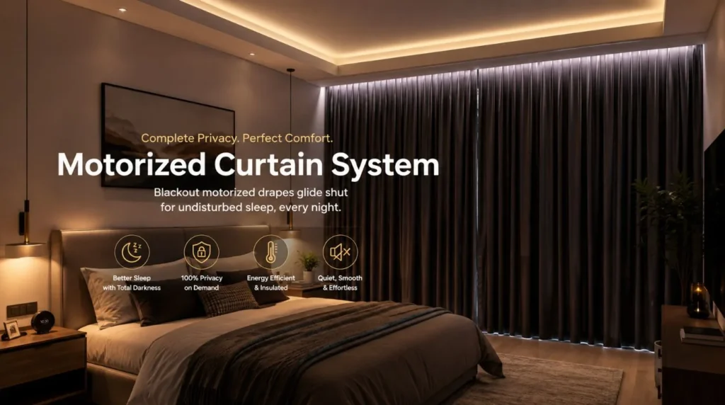 Automated blackout drapes closing automatically at night to showcase the Best Motorized Curtains for Bedrooms.
