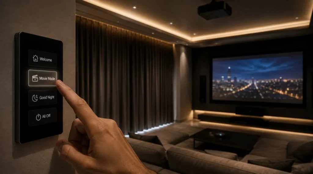 A wall switch triggering a Movie Mode scene demonstrating the Steps to Creating Your Smart Home.