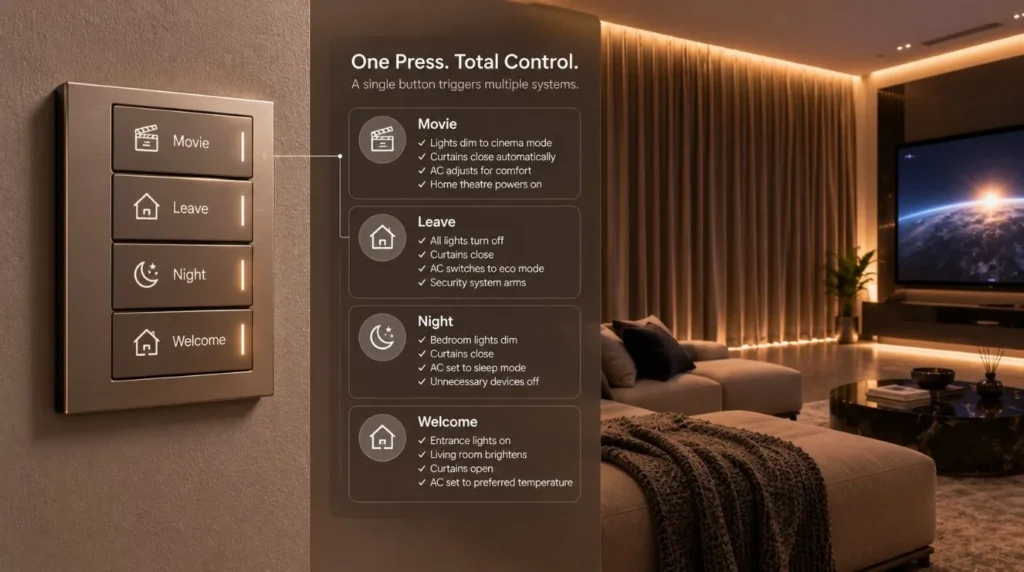 A sleek wall keypad with preset scene buttons demonstrating Are Smart Homes Difficult to Use?