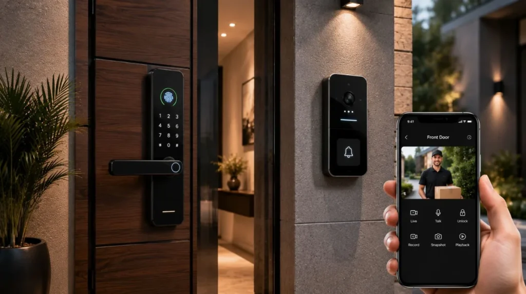 A modern villa entrance with video door phone and smart lock showing What Should a Smart Home Include for integrated security.