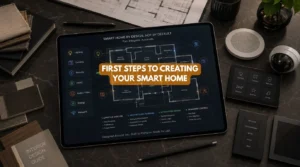 An architectural blueprint and smart home planning layout showing the Steps to Creating Your Smart Home