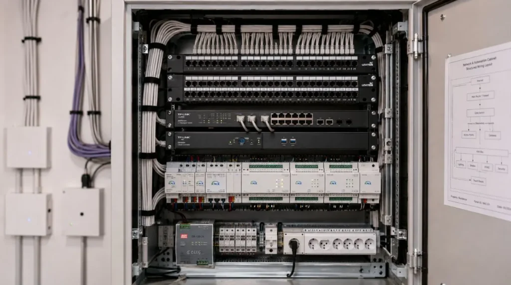 An organized central AV and KNX automation rack showing the infrastructure behind What Should a Smart Home Include.