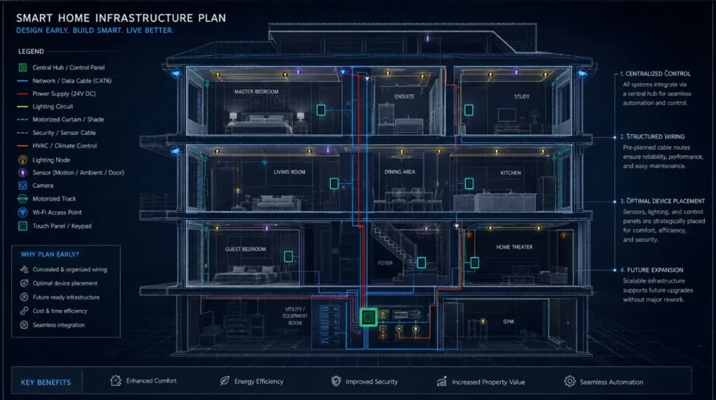 Architectural floor plan blueprint overlaying a detailed Smart Home Automation Setup diagram.