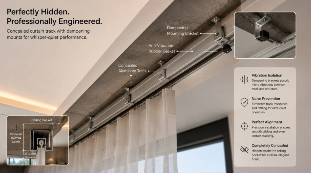 A close-up of a recessed ceiling track installation engineered for Quiet Motorized Curtains.
