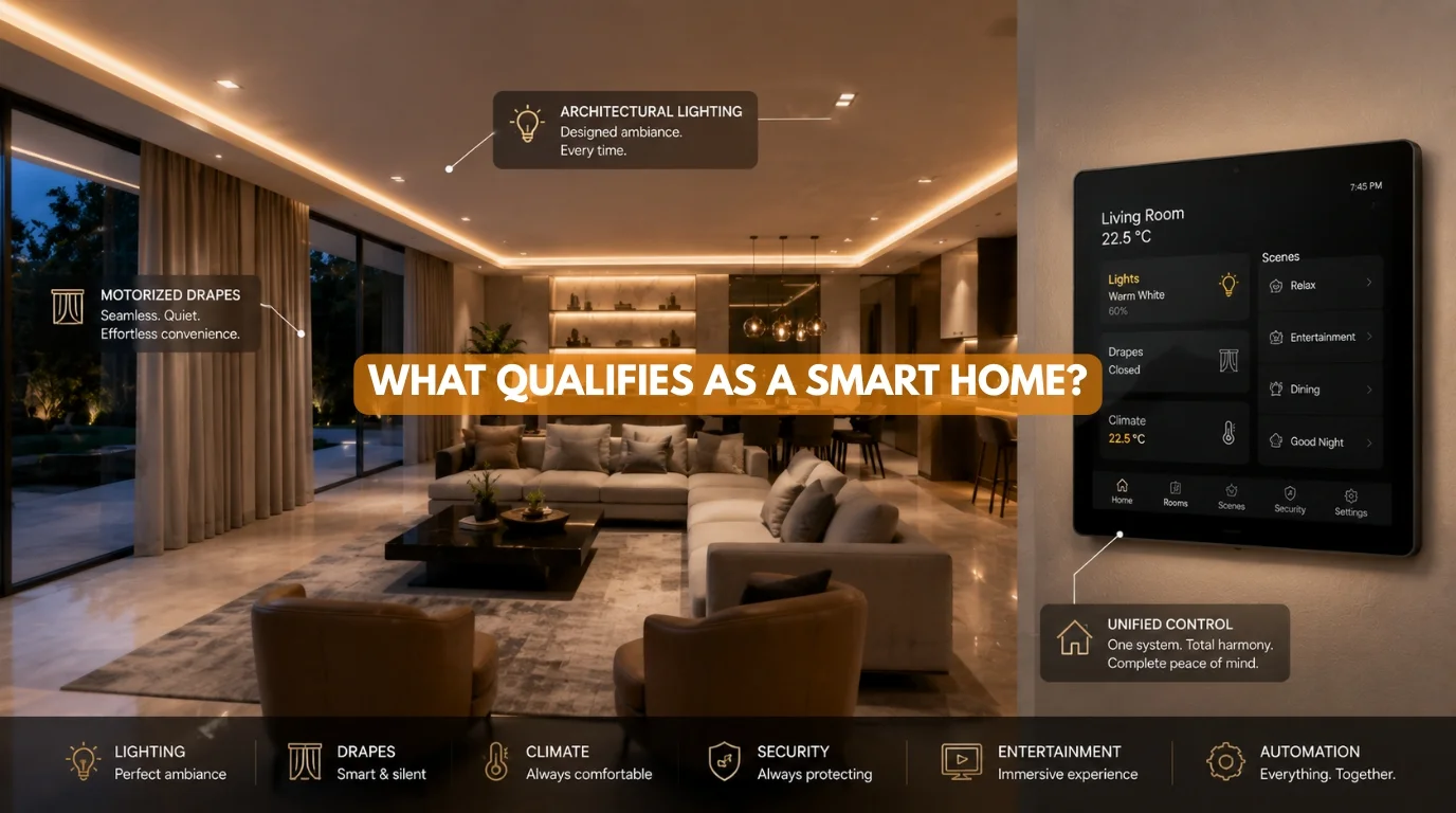 A modern luxury apartment interior illustrating What Qualifies as a Smart Home with integrated lighting and automated curtains