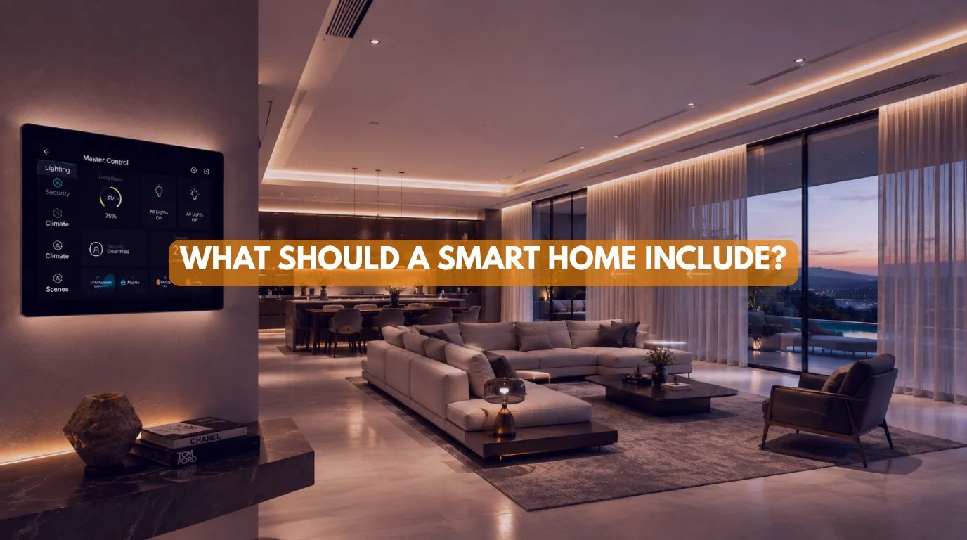 A luxury smart home living room showcasing unified lighting and motorized curtains answering What Should a Smart Home Include