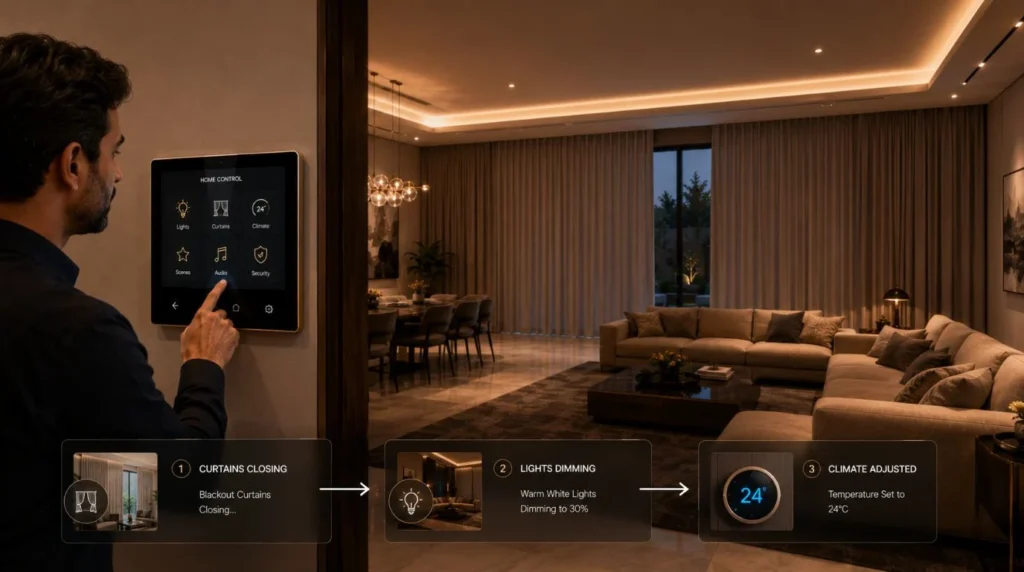 Selecting integrated scenes on a wall touchpad after choosing to Hire Someone to Install a Smart Home System.