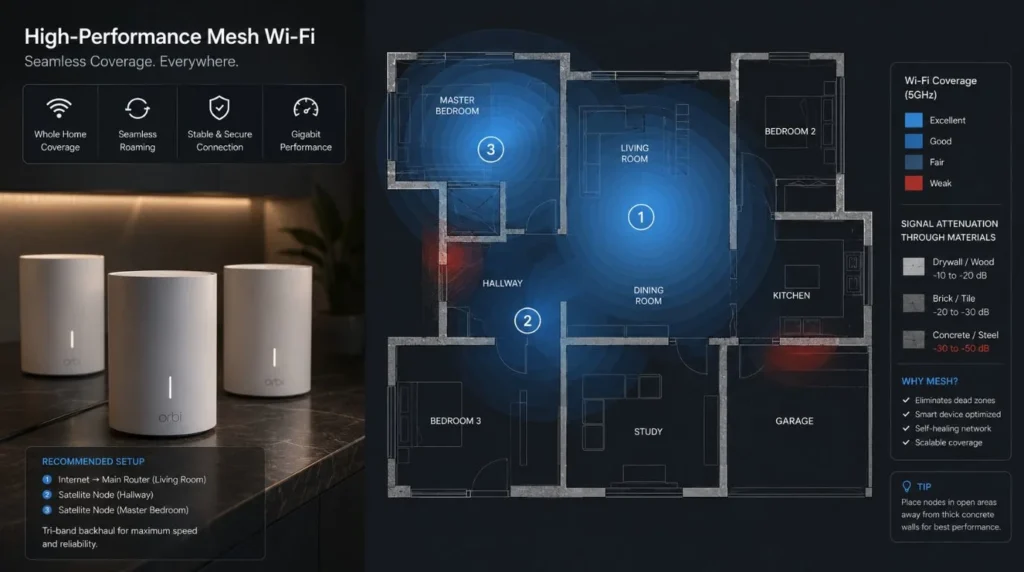 A Wi-Fi router and signal heat map showing coverage fixes for Common Problems With Smart Home Systems.