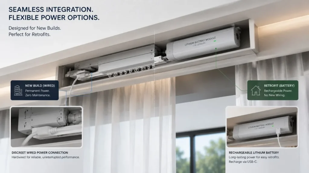 Concealed ceiling track and motor assembly illustrating power options for Motorized Curtains vs. Manual drapes.