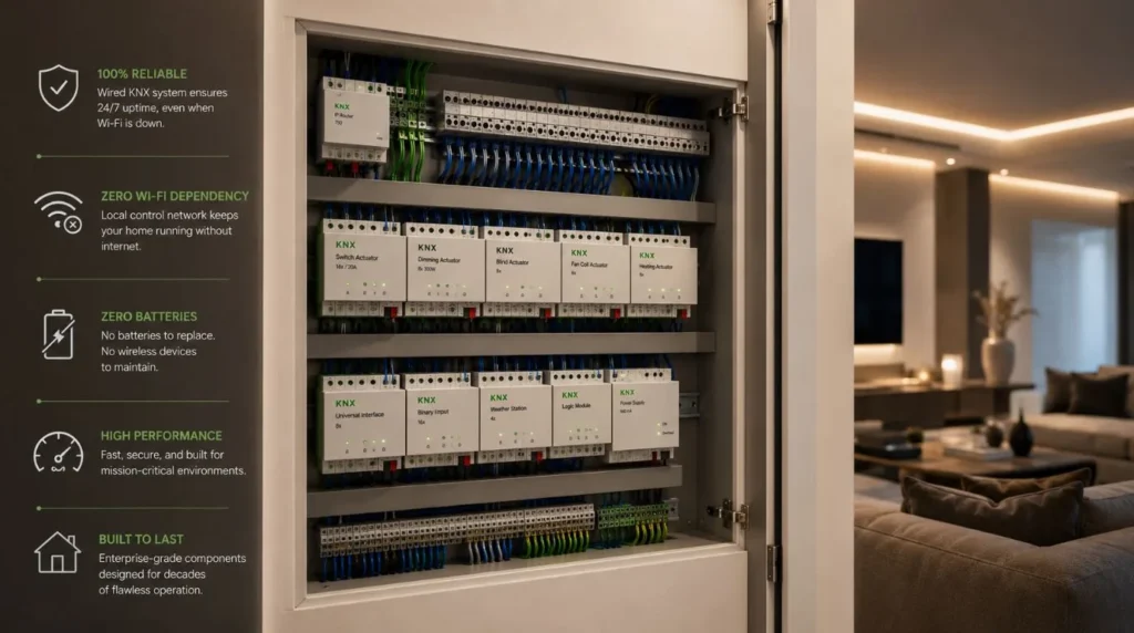 A central KNX wired control panel explaining system reliability in Are Smart Homes Difficult to Use?