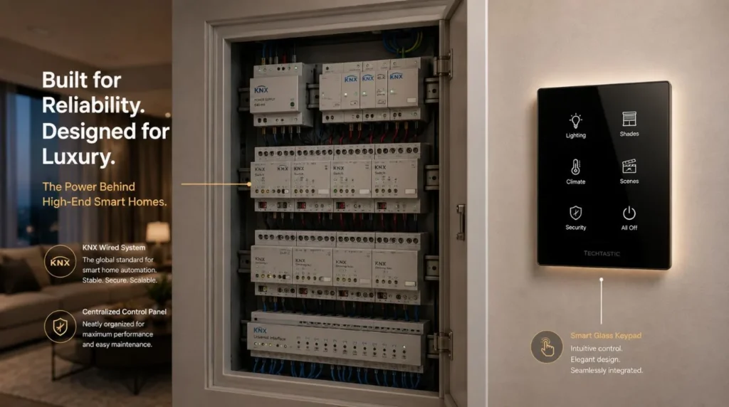 A professional KNX electrical panel cabinet determining the Average Price of a Smart Home Installation.