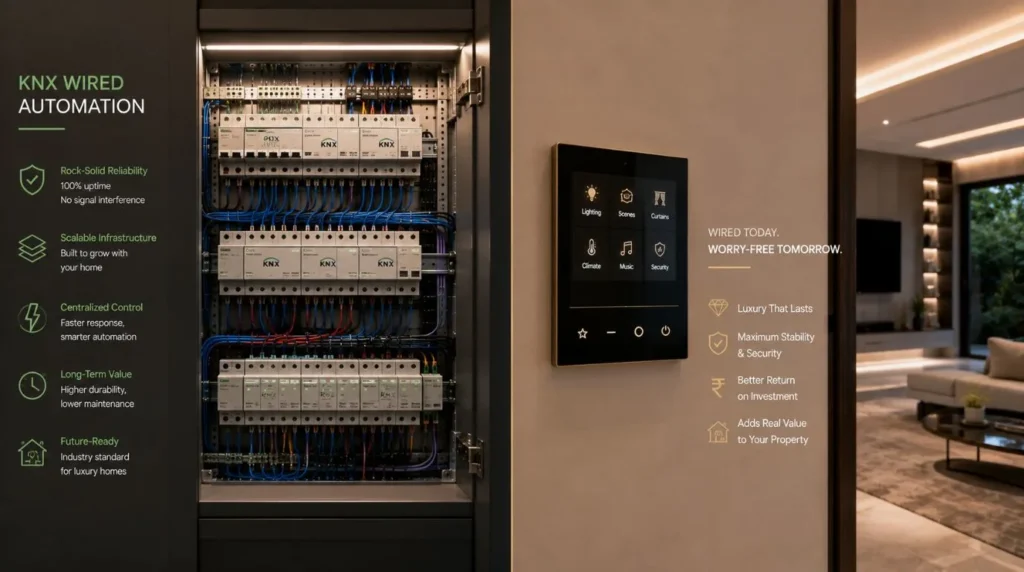 A structured KNX electrical panel comparing wired reliability against wireless options for Smart Home Installation Cost in India.